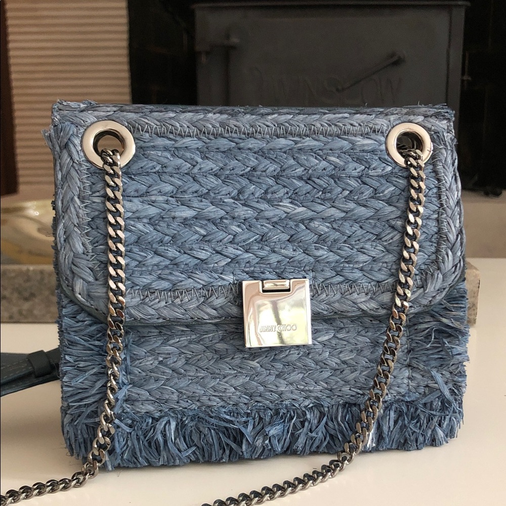 Jimmy Choo Light Blue Braided Raffia Chain Shoulder Bag